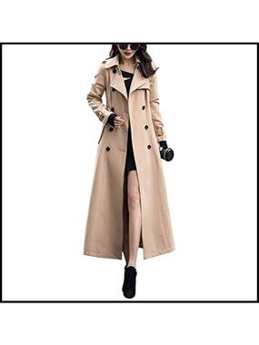 Women's Double Breasted Maxi Trench Coat Belted Overcoat Office